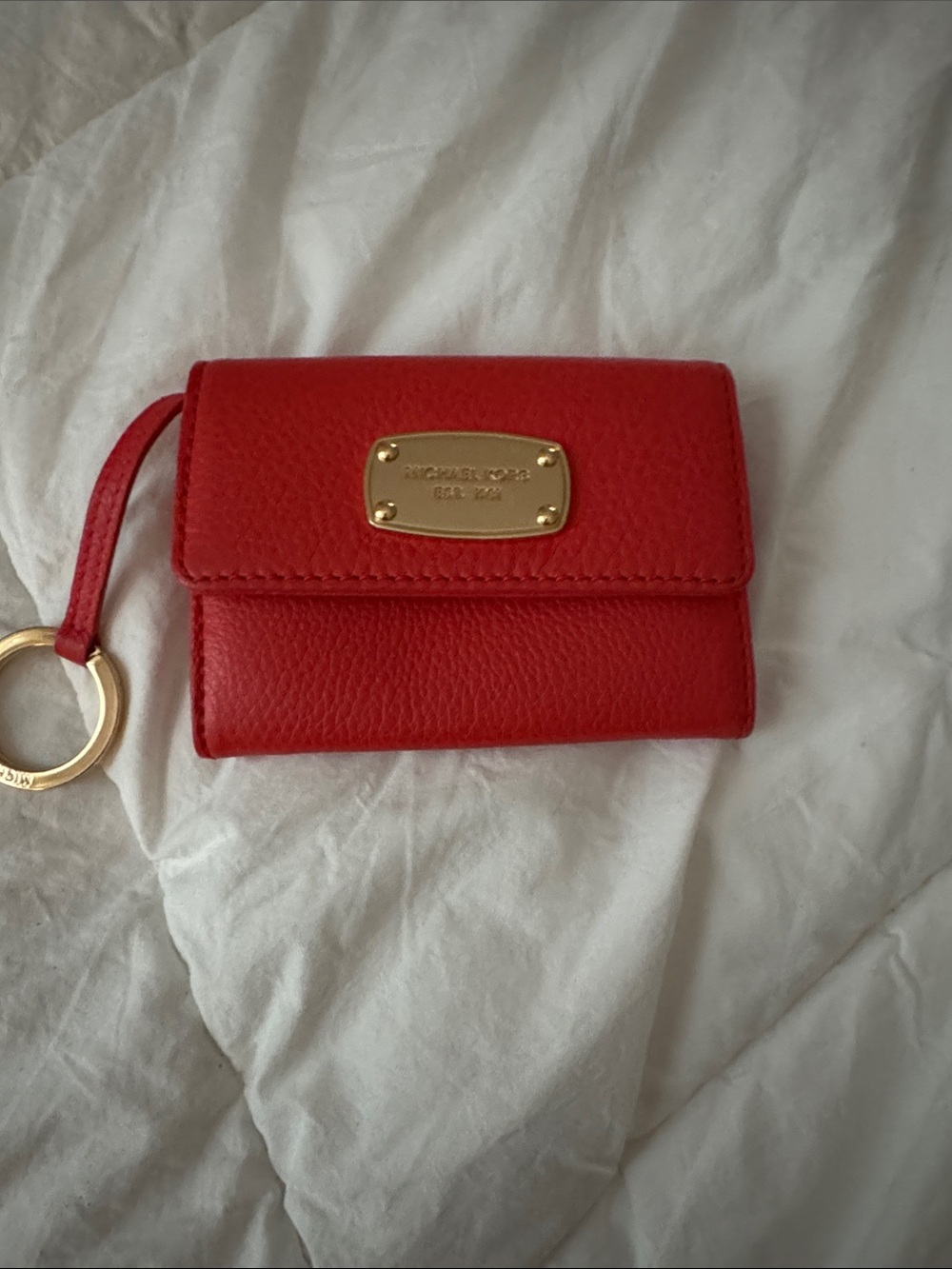 Michael Kors Red Pebbled Leather Key Pouch with Gold Plaque